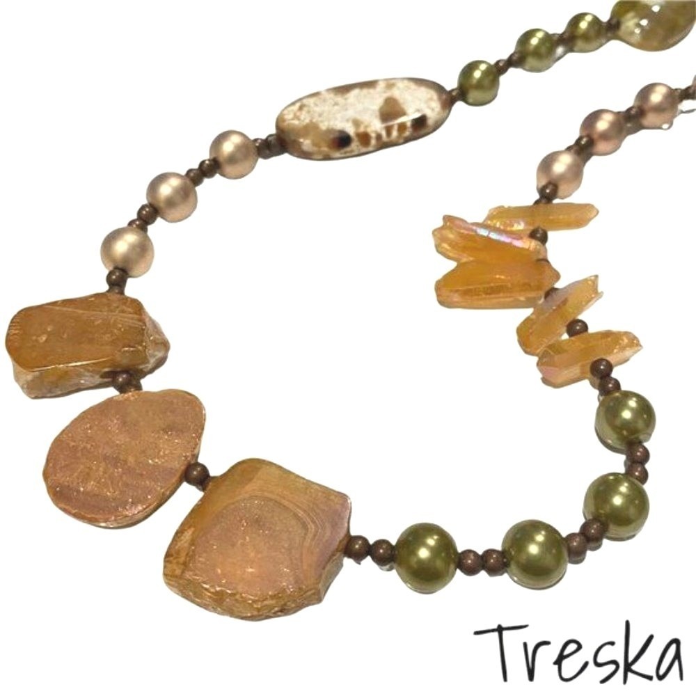 Treska Beaded‎ Statement Necklace Gold Green Handmade Earthy Forest Collection